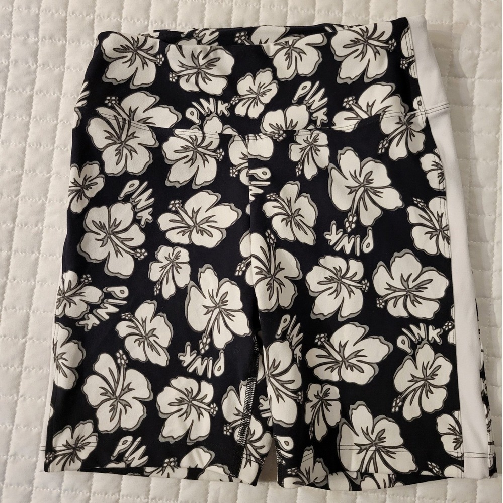 PINK Victoria's Secret S Active Bike Shorts Black White Hibiscus Hawaiian Floral
